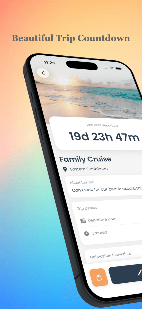 Trip countdown cards on iPhone with destination photos