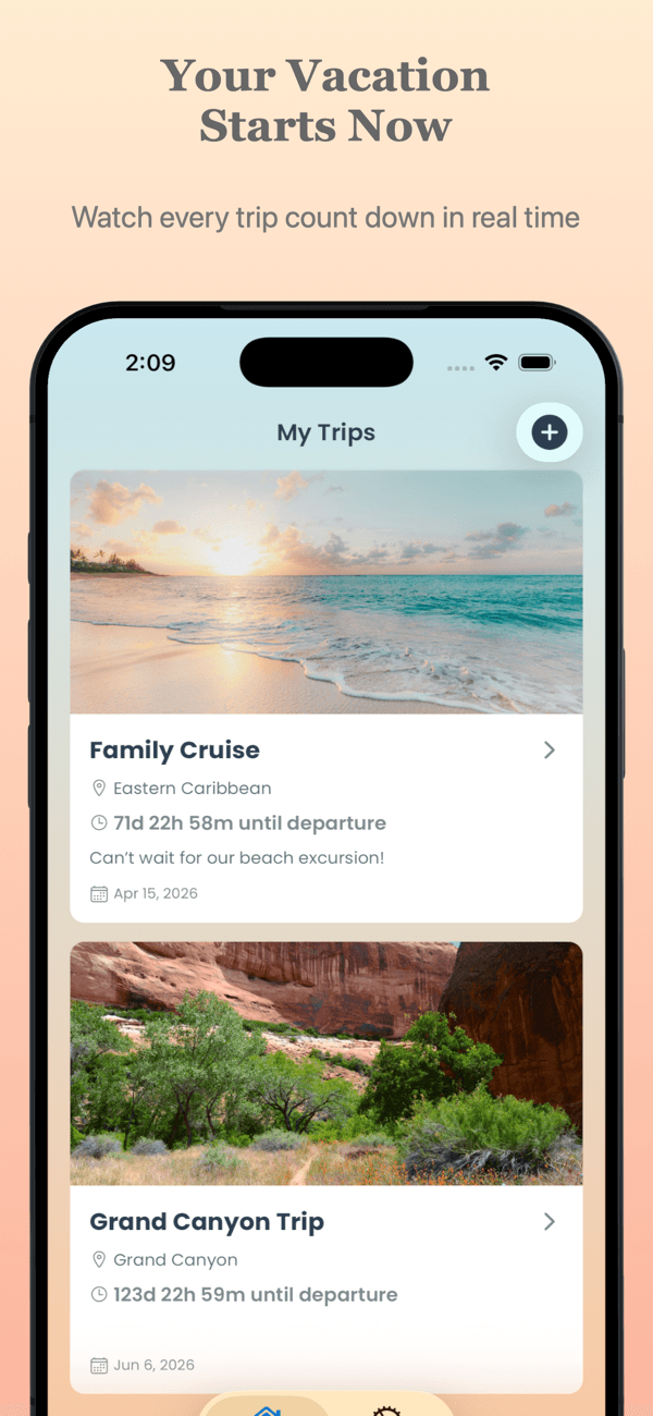 Vacation countdown app on iPhone showing a live trip countdown