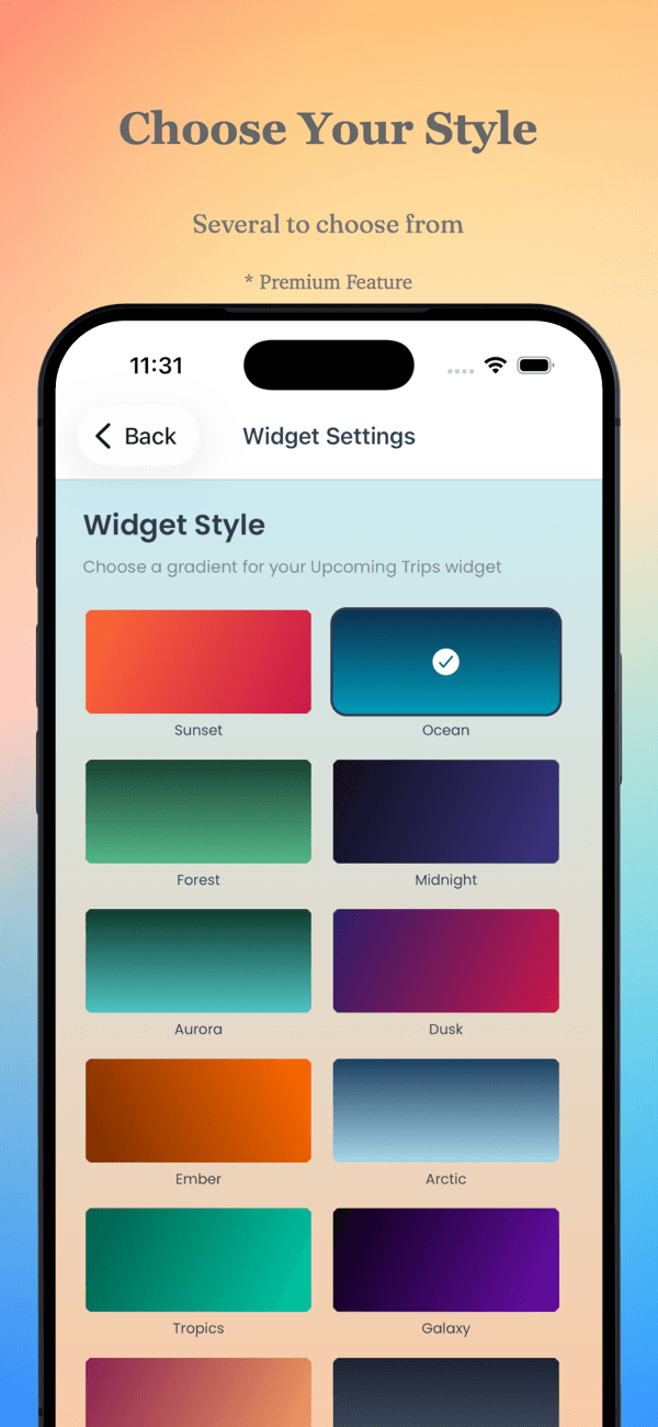Vacation countdown themes including Sunset Pink and Deep Ocean