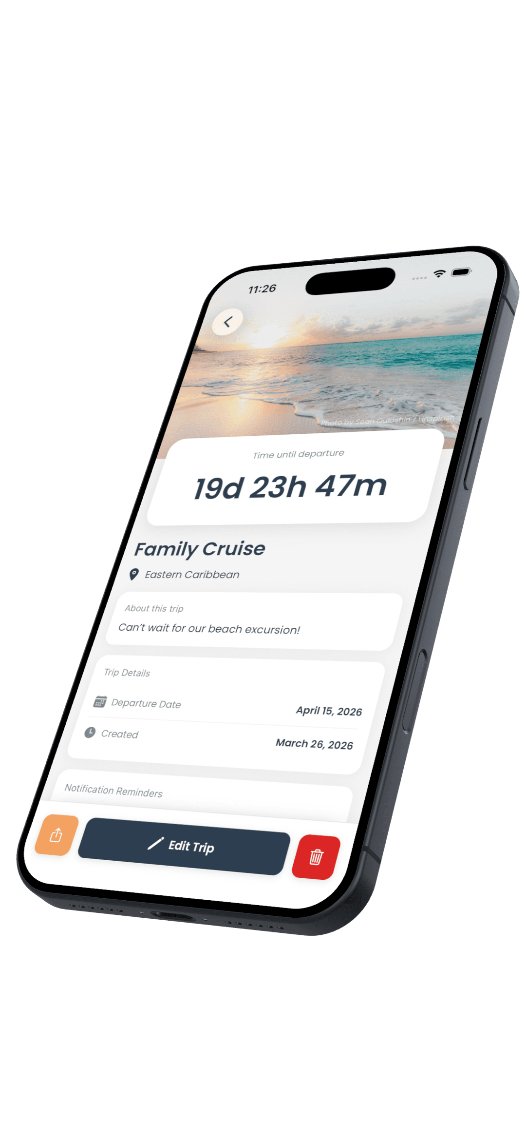Soonish app showing a Family Cruise trip countdown of 19 days to Eastern Caribbean