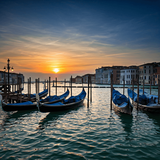 Venice canals at sunset with gondolas and glowing street lamps